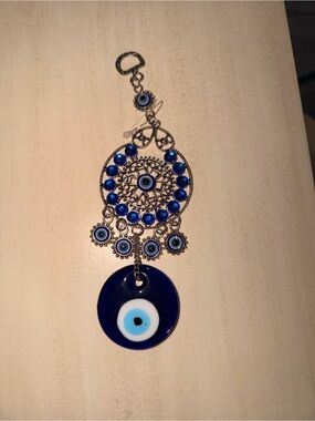 Evil Eye Blue Glass and Silver Charm Hanging Ornament NWOT